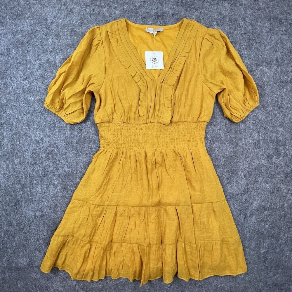 J Gee Dress Womens Extra Large Mustard Boho Hippy Ruffle Tiered Short Stretch